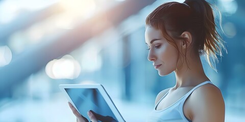 Promoting healthy lifestyle: Fit woman with tablet providing space for text. Concept Healthy Lifestyle, Fitness Technology, Female Empowerment, Wellness Promotion, Exercise Communication