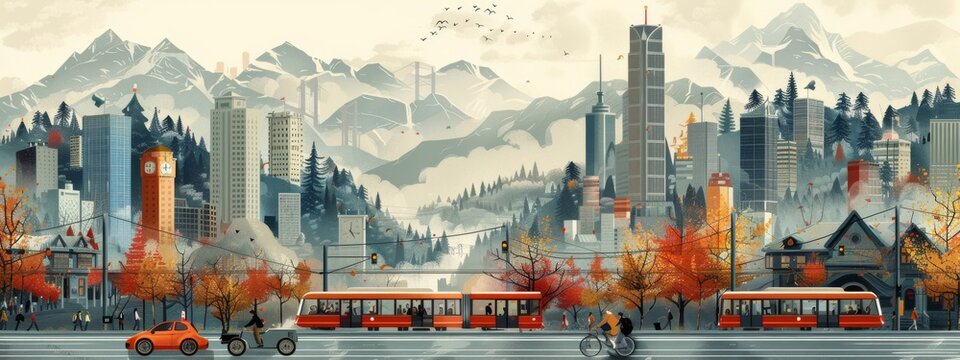 A cityscape with a red train and a red bus