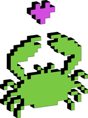Pixel crab with heart. Trendy sticker. Voxel art. Comic style and Cyber aesthetic.