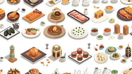 Flat Design Eid Feast Tiles: Traditional Icons for Eid Al Adha Celebrations, Capturing Culinary Aspects in Isometric Illustrations