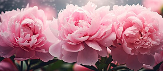 Fresh pink peonies in bloom with rain kissed pastel petals blend beautifully with the garden s blooming peonies background Copy space image provides room for appreciation