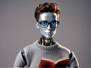 A robot wearing glasses and a sweater reads a book on a plain gray background with copy space for text. Concept of learning, education, reading. World Book Day.