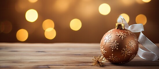A festive Christmas ornament rests on a wooden background adorned with delicate snowflakes accompanied by a greeting card that wishes Merry Christmas and a Happy New Year The composition offers a bea