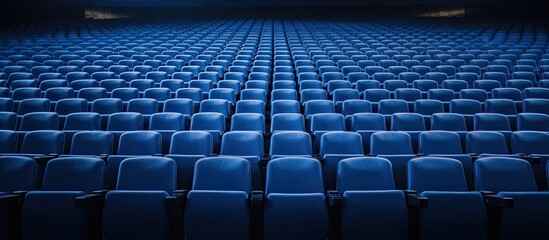 Obraz premium Rows of blue seats in a hall with a copy space image provide a comfortable cinema experience for spectators