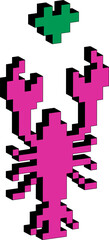 Pixel cancer with heart. Trendy sticker. Voxel art lobster. Comic style and Cyber aesthetic. Graphic print.
