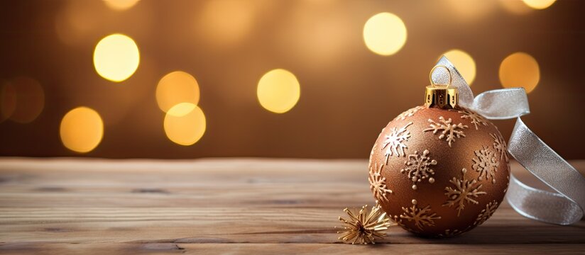 A festive Christmas ornament rests on a wooden background adorned with delicate snowflakes accompanied by a greeting card that wishes Merry Christmas and a Happy New Year The composition offers a bea
