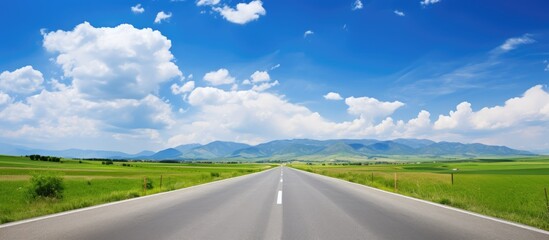 A serene road stretches across a vast field under a clear blue sky adorned with fluffy white clouds providing ample copy space