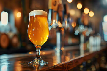 Single glass of cold beer stands on a wooden bar counter, with a blurred background of taps and a warm ambiance