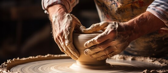 A ceramist skillfully crafting a bowl using a pottery wheel in a studio with a copy space image