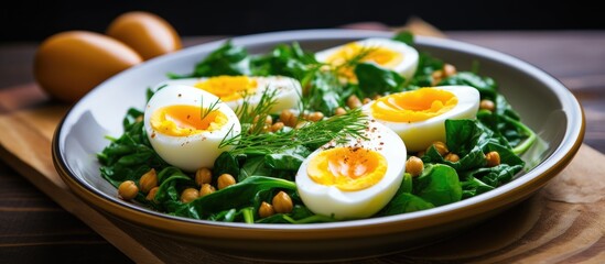 A small plate with boiled chickpea spinach and boiled egg with copy space image