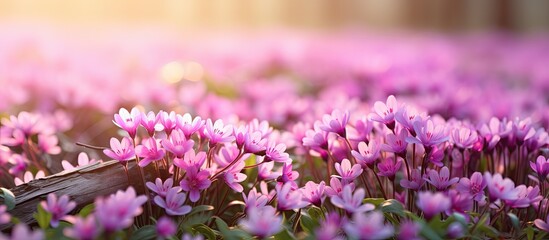 The spring field is adorned with beautiful pink flowers specifically dogtooth violets creating a...