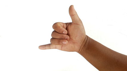 Show hand for gesture talking telephone call sign on white background