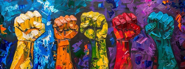 oil painting of colorful raised fists, textured background