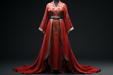 Luxurious red traditional dress with intricate embroidery displayed on a dark background