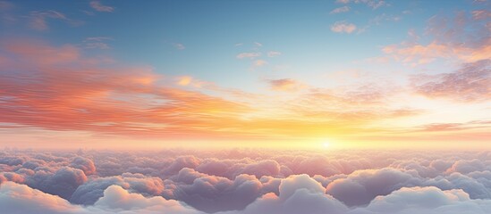 A stunning summer sky with warm tonalities and a sunny dawn above fluffy clouds The captivating landscape provides a natural backdrop The image is an ultra wide panorama in a banner format allowing a