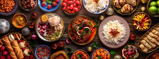 A table is set with a variety of food and candles, creating a warm