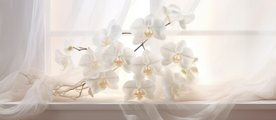 A stunning white Orchid with large flowers sits on the windowsill creating a lovely contrast against the delicate tulle curtains Copy space image