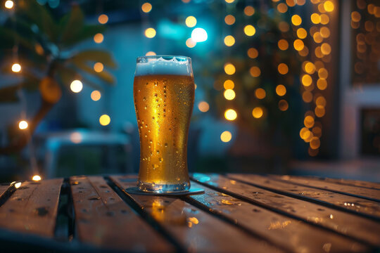 Golden ale beer in a chilled glass on a wooden table with bokeh background, creating a cozy evening ambiance for relaxation and leisure