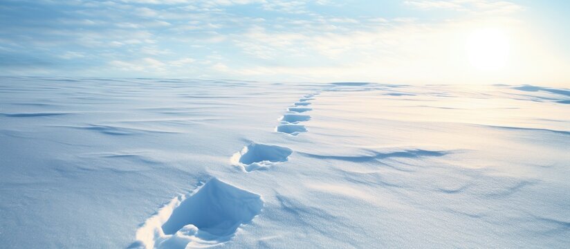 Sunlit footprints in the snowy landscape with a copious amount of space for a captivating image. Copyspace image