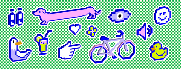 Trendy Y2k retro sticker pack. Naive playful pixel shapes. Comic style and Cyber aesthetic. Voxel artCheckered background. Bicycle, rubber duck, seagull, dog, eyes, hand cursor