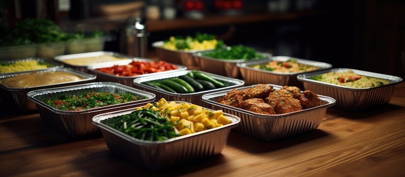 On a wooden table there is a display of nutritious meals in foil boxes There is empty space available for customization in the image. Copyspace image