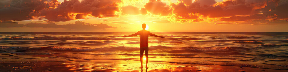 Coastal Serenity: A person standing on the shore with eyes closed, arms wide open, and a joyful expression, enjoying the warmth of the setting sun and the sound of the ocean waves. 