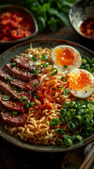 Bowl of ramen asian noodle soup with meat, eggs and tofu. AI Generative