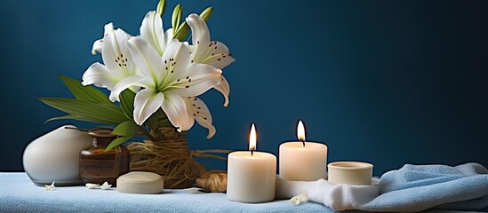 Copy space image of a spa themed still life featuring flowers and towels Evoking the essence of health and beauty