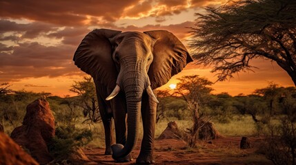 Fototapeta premium Majestic elephant silhouette against vibrant sunset sky in stunning natural scenery