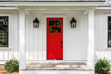 A front door detail of a white modern farmhouse with a red front door, black light fixtures, and a covered porch with white pillars.