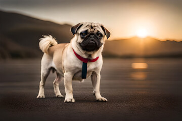 Obraz premium Small dog in nature. Funny pug in a warm sweater walks in the autumn park.