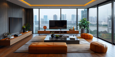 A modern living room with large windows and a tv.