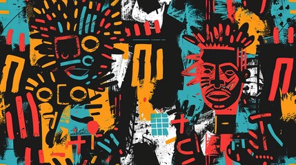 punk pop rock style elements abstract face with grungy texture with color splash abstract background, seamless pattern tile, Generative Ai