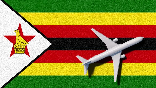 Zimbabwe National Flag And Airplane Fly. Aircraft Flies To Country. Flight And Travel Concept