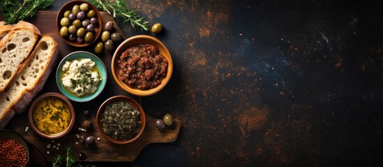 A top view copy space image showcases a spread of olive tapenade accompanied by homemade bread olives olive oil salt and black pepper It is displayed over a brown textured background enhancing the ov