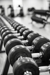 Fototapeta premium A black and white photo of weights in a gym.