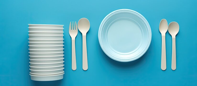 A top view of plastic and paper tableware for takeaway placed on a blue background providing ample copy space for additional content