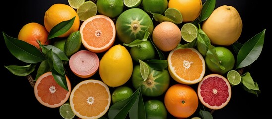 A variety of citrus fruits including fresh pomelo pummelo grapefruit and shaddock are neatly...