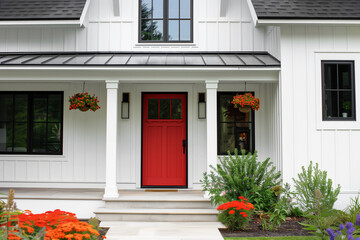 A front door detail of a white modern farmhouse with a red front door, black light fixtures, and a covered porch with white pillars.