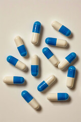 A group of blue and white pills on a white surface.