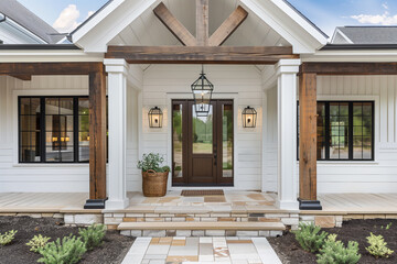 A front door detail of a white modern farmhouse with a wooden front door, black light fixtures, wood accents, and a covered porch.