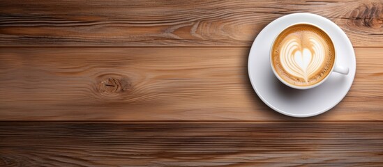 Copy space image of a white cappuccino cup placed on a wooden surface creating a flat lay composition
