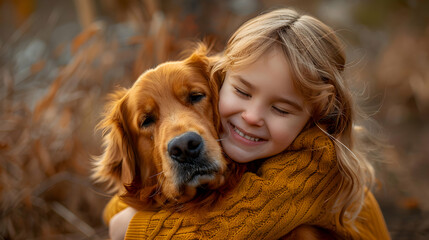 Photo realistic of Child with Down syndrome embraces therapy dog, illustrating emotional bond and support for special needs child