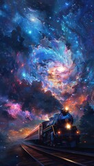 Obraz premium Cosmic express train, weaving through a scenic route dotted with stars, planets, and galaxies