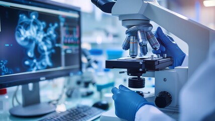 Chemical analysis in a medical lab, doctor using a microscope to examine biological cells, hightech laboratory equipment