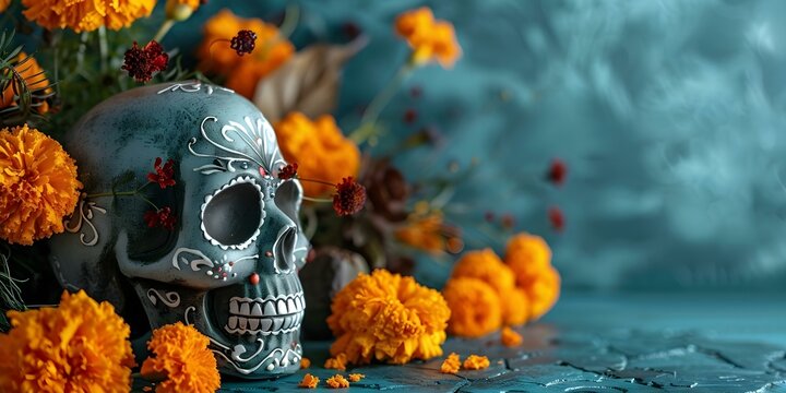Mexican Day of the Dead Altar: Soft-focused Display of Sugar Skulls and Marigolds. Concept Day of the Dead, Mexican Traditions, Sugar Skulls, Marigolds, Altar Display