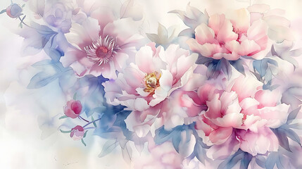 watercolor painting of peony flowers in various shades of pink and white
