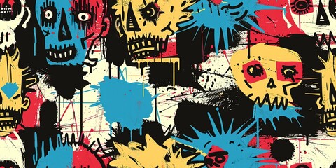 Fototapeta premium punk pop rock style elements abstract face with grungy texture with color splash abstract background, seamless pattern tile, Generative Ai