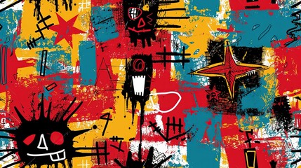 Naklejka premium punk pop rock style elements abstract face with grungy texture with color splash abstract background, seamless pattern tile, Generative Ai