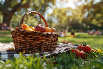 Family picnic in the park with a checkered blanket and picnic basket .picnic basket filled with fruits and veggies rests on a blanket in the grass - Powered by Adobe